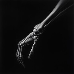 Naklejka premium An artistic representation of a human skeletal hand against a dark background, showcasing the intricate bone structure.