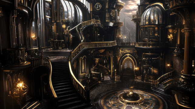 A surreal and photorealistic depiction of the interior of a Victorian Gothic mansion temple, multilevel with 