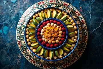 Fototapeta premium A close-up of a traditional Middle Eastern dish, arranged in a beautiful, colorful ceramic bowl, and ready to be served.