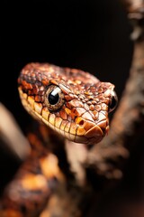 Fototapeta premium Close-up of a vibrant lizard displaying intricate skin patterns and sharp features against a dark background.