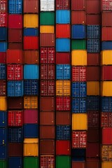 Colorful shipping containers stacked in a vibrant pattern. Ideal for logistics or industrial themes in stock photography.