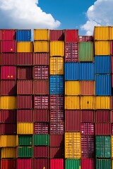 Fototapeta premium Colorful shipping containers stacked against a blue sky, highlighting urban industry and global trade.