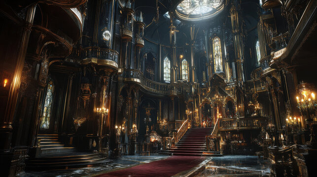 A surreal and photorealistic depiction of the interior of a Victorian Gothic mansion temple, multilevel with 