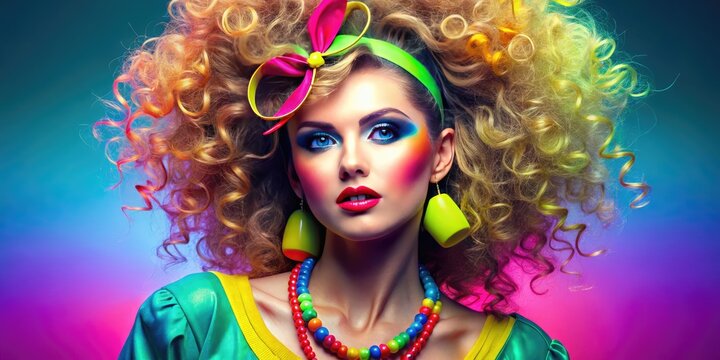 Vibrant retro feminine portrait featuring big hair, bouffant curls, neon-colored clothing, and excessive accessories, epitomizing the flashy, carefree spirit of 1980s fashion.