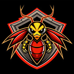 A bee logo on a shield, badge, mascot. use for decoration a basketball team logo, a football team, or a sports team, isolated on black background.