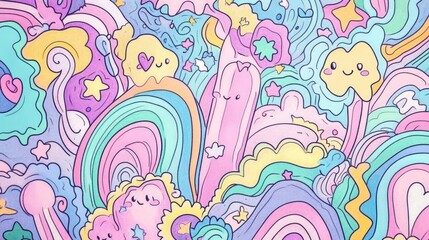 Cute Kawaii Style Doodle Design for Kids with Bold Lines and Soft Pastel Colors