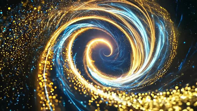 Swirling lights spiral in cosmic void. Golden and blue particles create dynamic vortex against dark background. Ethereal energy flows in mesmerizing pattern, evoking wonder and infinite possibilities.