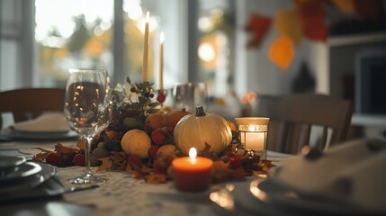 An elegant Thanksgiving table setting adorned with autumn leaves, candles, and a centerpiece of seasonal gourd
