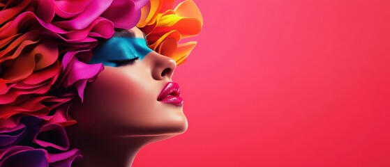 Vibrant portrait of a woman with colorful floral hair against a bright pink background, showcasing beauty and creativity.