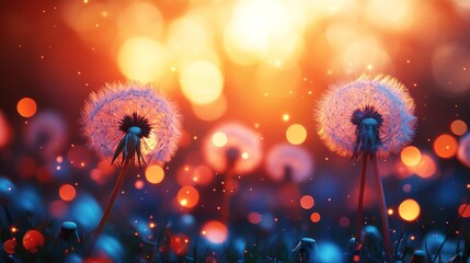 Two Dandelions Against a Blurred Sunset Background