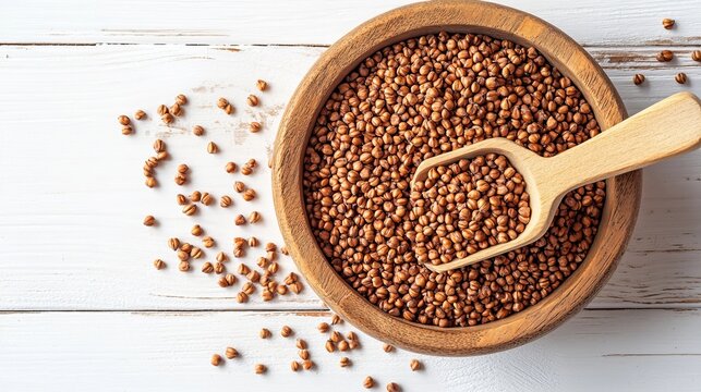 Bowl of raw buckwheat grains on white wood