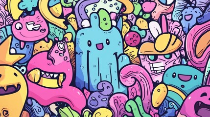 Cute Kawaii Style Doodle Design for Kids with Bold Lines and Soft Pastel Colors