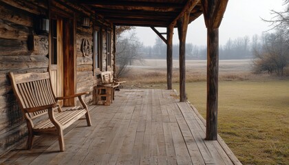 Fototapeta premium Rustic Countryside Porch, Solid Grainy Wooden Deck with Benches and a View of the Field, Perfect for Relaxing and Enjoying the Peaceful Surroundings