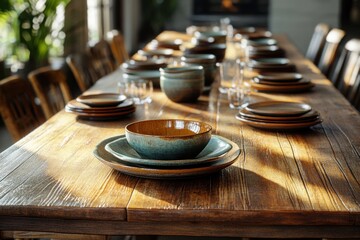 Rustic Dining Room Table Setting with Vintage Dishes and Wooden Tabletop, Farmhouse Style Table Decor with Earthy Tones and Natural Light