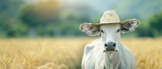 Farmer guiding water buffalo through tall grass, natural lighting, ample copy space