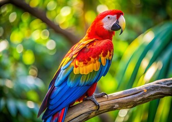 Vibrant scarlet macaw perches on a branch, its brightly colored plumage glistening in the sunlight, showcasing its