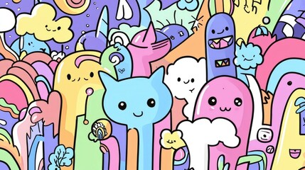 Fototapeta premium Cute Kawaii Style Doodle Design for Kids with Bold Lines and Soft Pastel Colors