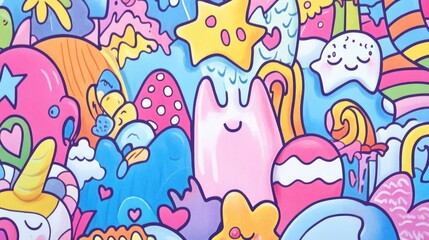 Cute Kawaii Style Doodle Design for Kids with Bold Lines and Soft Pastel Colors