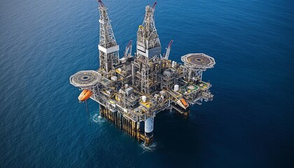 Aerial view of an oil rig in the middle of the ocean.