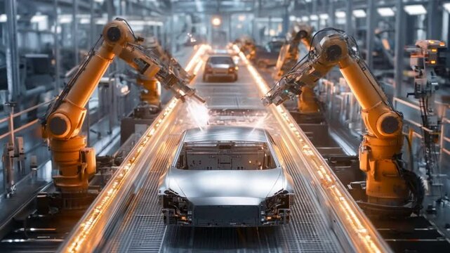 Two robots are working on a car in a factory