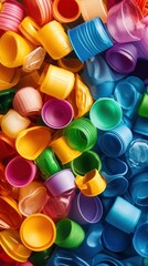 Vibrant collection of colorful plastic bottle caps arranged in a visually appealing pattern. Perfect for creative projects and designs.