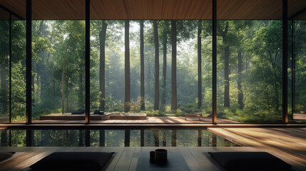 Fototapeta premium A stunningly realistic forest home with large glass windows, offering a panoramic view of