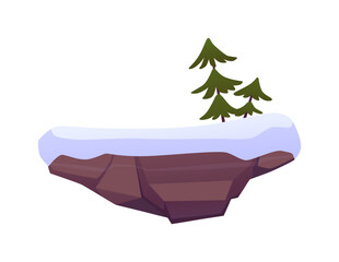 Winter level platform with snowdrifts and fir-trees, game island frozen land floating, vector fantasy north rock stage