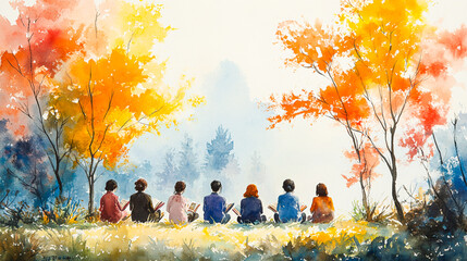 Vibrant Watercolor Illustration of Women Engaging in Creative Hobbies like Painting, Reading, and Gardening for Leisure and Inspiration