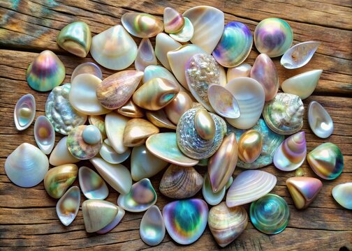 Iridescent nacar shell fragments scattered on a weathered wooden background, capturing the shimmering mother-of-pearl essence of these precious gem-like treasures.