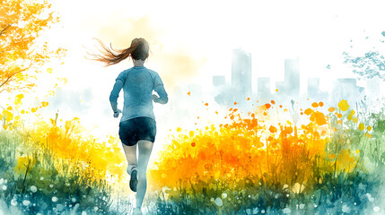Joyful Jog: Watercolor Illustration of a Woman Celebrating Fitness and Wellbeing in a Park