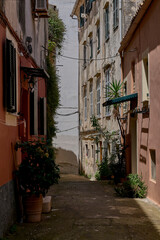 A typical street in Corfu Town on the island of Corfu, Greece