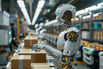 Fototapeta premium Robot at work in the factory. Warehouse working on production line. 