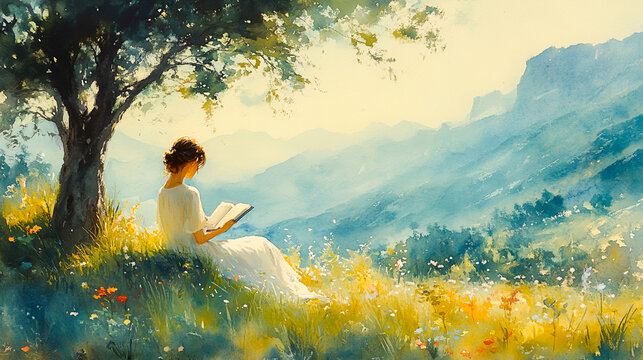 Serene Self-Education - Watercolor Painting of Woman Reading Under Tree