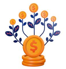 3d transparent render of dollar coins with lots of plants growing on and producing interest such as profits and returns for investment. Can be used for banking, financial sector, fintech apps, economy