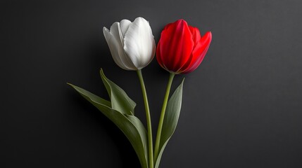 Naklejka premium A Single White Tulip and a Single Red Tulip on a Black Background