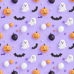 Seamless Halloween pattern with pumpkins, ghosts, bats, and balloons on a purple background