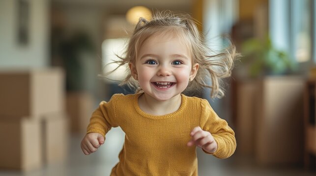 Cute Little Girl Running in a New Apartment with Cardboard Boxes in the Background, Copy Space for Text, Stock Photo Contest Winner, High-Resolution Photo