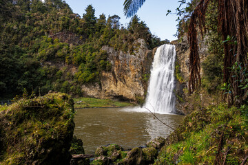 A wide shot of Hunua Falls in Auckland New Zealand