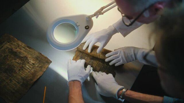 Scientists examine and discover cultural heritage of extinct human civilization. Two archaeologists in gloves carefully open ancient Egyptian papyrus on the table in archaeological lab. Archaeology.