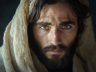 Jesus Christ, Jesus Christ face close up generative ai illustration
