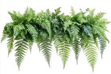 Naklejka premium Lush green ferns cascading down in a horizontal line, isolated on a white background.