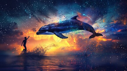 Fototapeta premium Silhouette of a Man Reaching Out to a Cosmic Dolphin Leaping from the Water at Sunset
