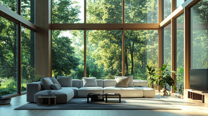Fototapeta premium Bright and airy modern living room with double-height ceilings, expansive windows,