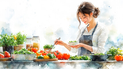 Joyful Watercolor Illustration of a Woman Exploring Healthy Recipes with Creativity and Fun