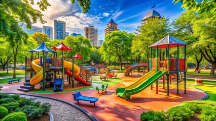 Vibrant summer scene of a bustling urban park featuring a colorful playground with slides, swings, and climbing