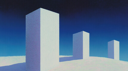 Three white pillars against a blue sky with the ground covered in white sand.