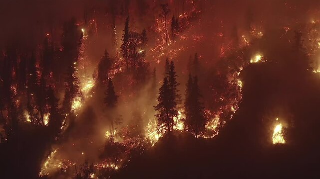 AERIAL: Nighttime Forest fire, wildfire firestorm in spruce woods, flat grade