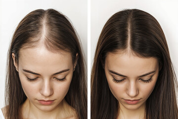 Before and after hair restoration in female patient. Illustration of transformation in hair density and scalp health post transplantation. Woman with hair loss problem. Hairloss treatment, collage. 