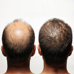 Collage two photos of man with hair loss problem before and after treatment. Anti hair loss procedures and hair transplant on a gray background. Trichologist in dermatology clinic. For clinic