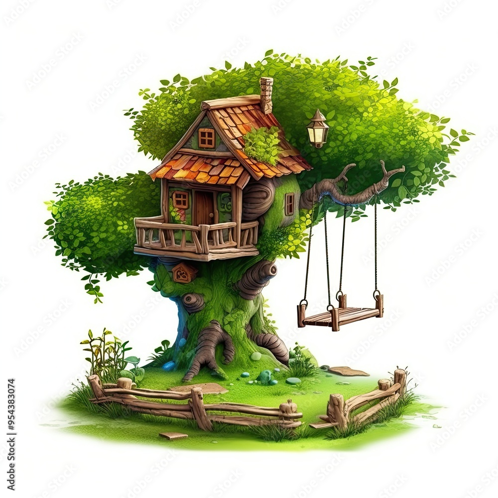 Poster a charming treehouse with a swing, nestled in the branches of a large, leafy tree. the house has a w